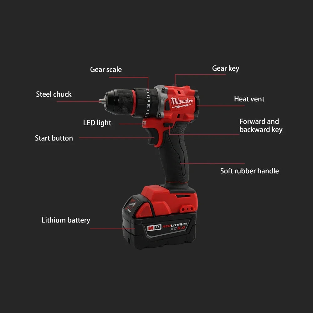 Milwaukee Small Electric Drill 150N.m Brushless Cordless Lmpact Drill of Decoration Team Uses 18V Milwaukee Battery Power Tool