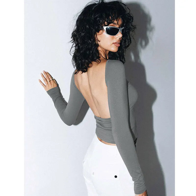 Long Sleeve Women's Red T Shirt 2023 Spring Autumn Slim Backless Streetwear Fashion Basic Baby Tees Gothic Y2k Clothes Crop Tops