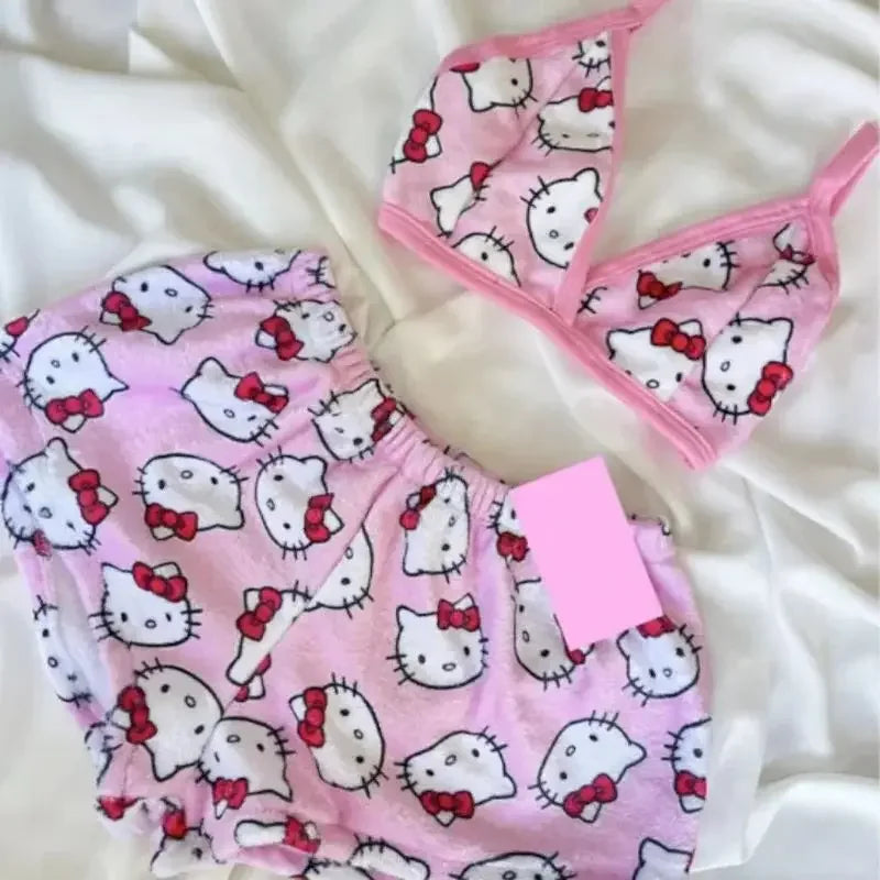 Summer Day Kawaii Hello Kitty 2Pcs Pajama Set Spice Girl Casual Home Shorts Full Print Beach Holiday Set Women Swimming Clothes