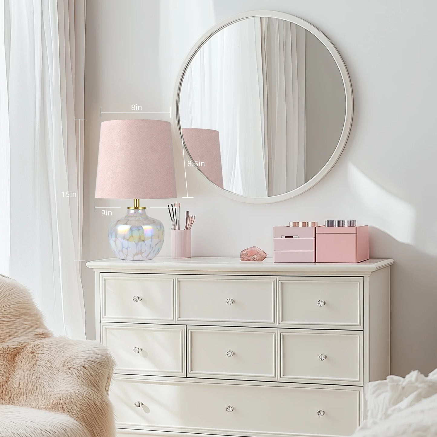 15" Blush Pink Hand-Blown Glass Table Lamp with Velvet Shade, Small Accent Lamp For Girls Bedroom Nightstand, Kitchen Counter
