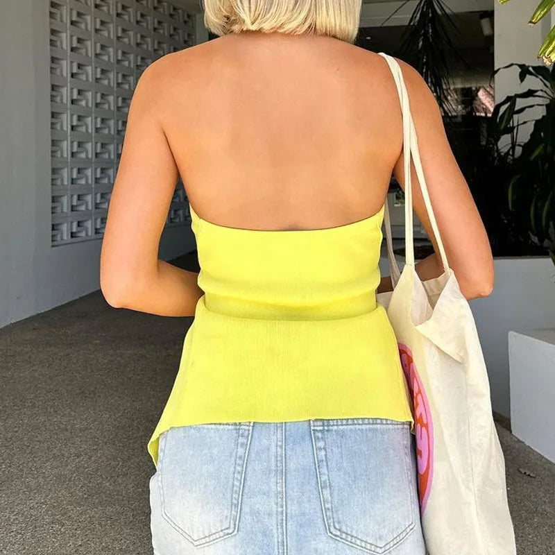 2024 Women Sexy Backless Tank Tops Chic Y2k Leisure Halter Off Shoulder Hem Slit Crop Tops Elastic Solid Summer Vacation Clothes
