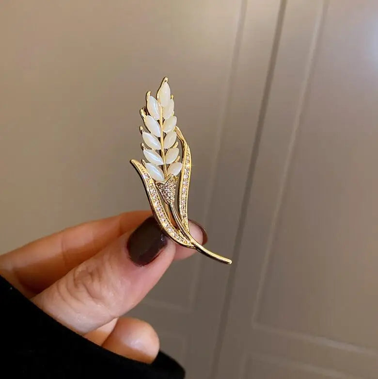 Exquisite Opal Wheat Ear Rhinestone Brooches for Women Crystal Cat’s Eye Stone Pins Suit Clothes Luxury Jewelry Accessories