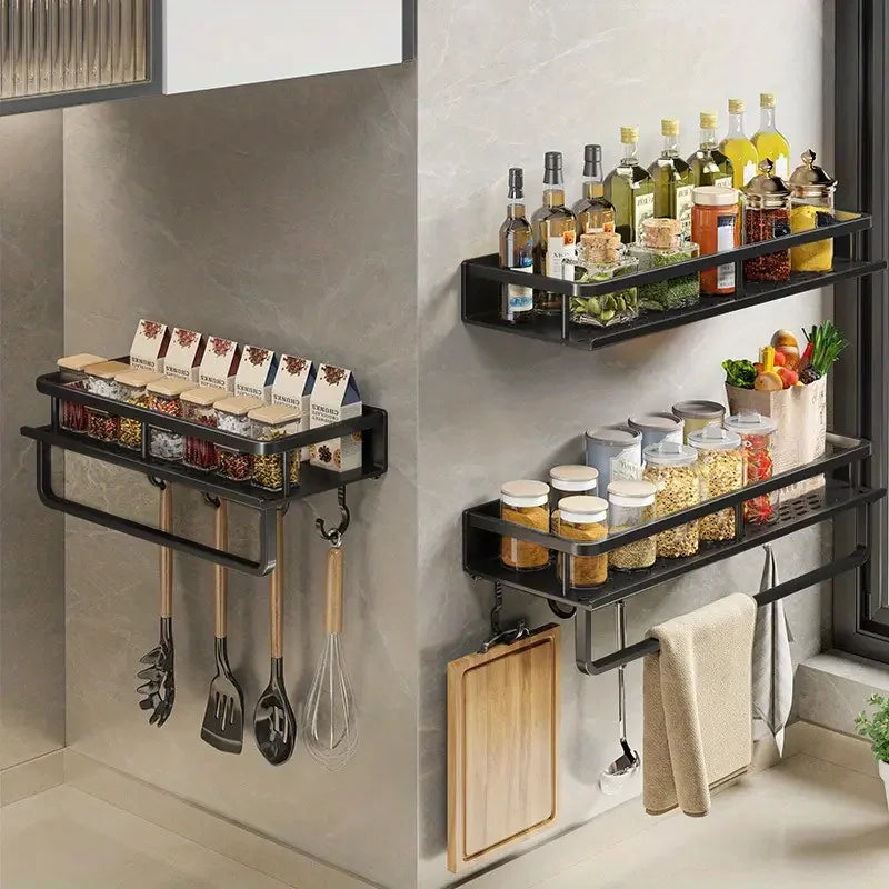 Multifunctional Kitchen Storage Rack Seasoning Storage Rack Wall-Mounted Kitchen Supplies Spatula Hook Rag Rod