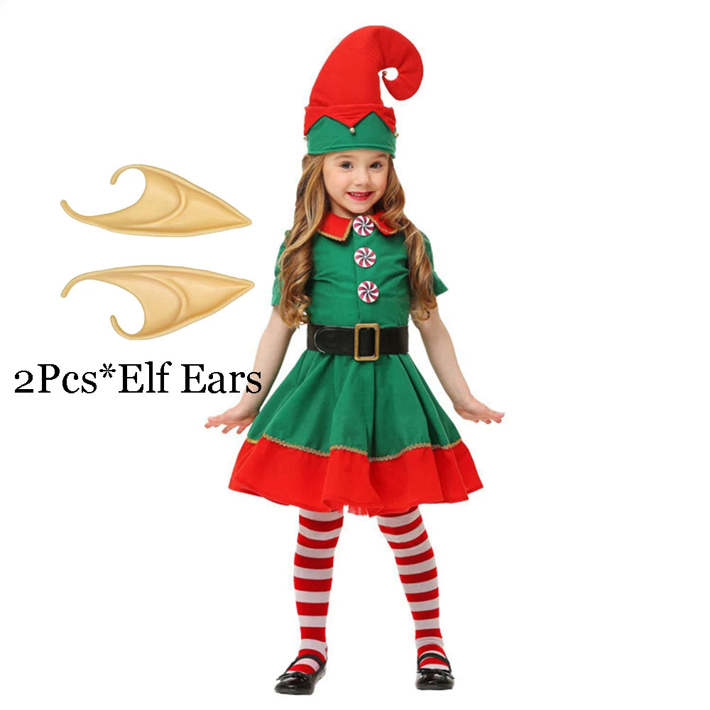 Christmas Santa Claus Costume Green Elf Cosplay Family Carnival Party New Year Fancy Dress Clothes Set For Men Women Girls Boys