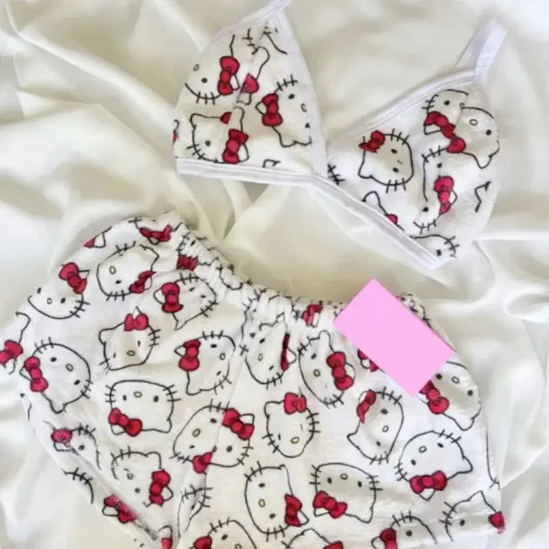 Summer Day Kawaii Hello Kitty 2Pcs Pajama Set Spice Girl Casual Home Shorts Full Print Beach Holiday Set Women Swimming Clothes