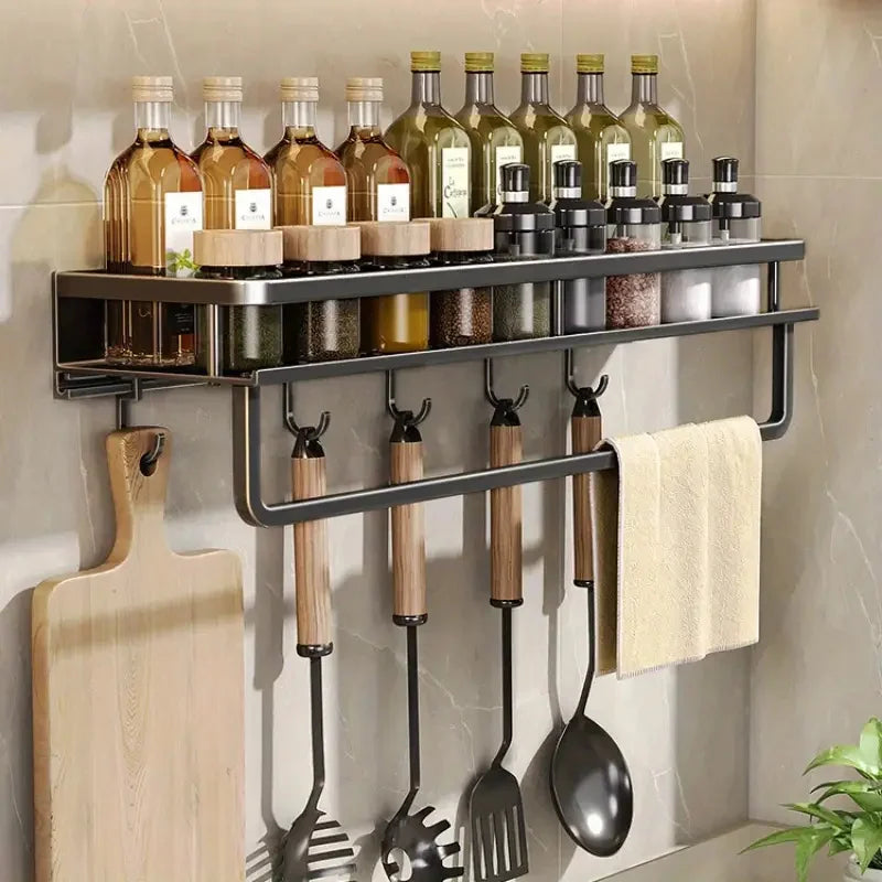 Multifunctional Kitchen Storage Rack Seasoning Storage Rack Wall-Mounted Kitchen Supplies Spatula Hook Rag Rod