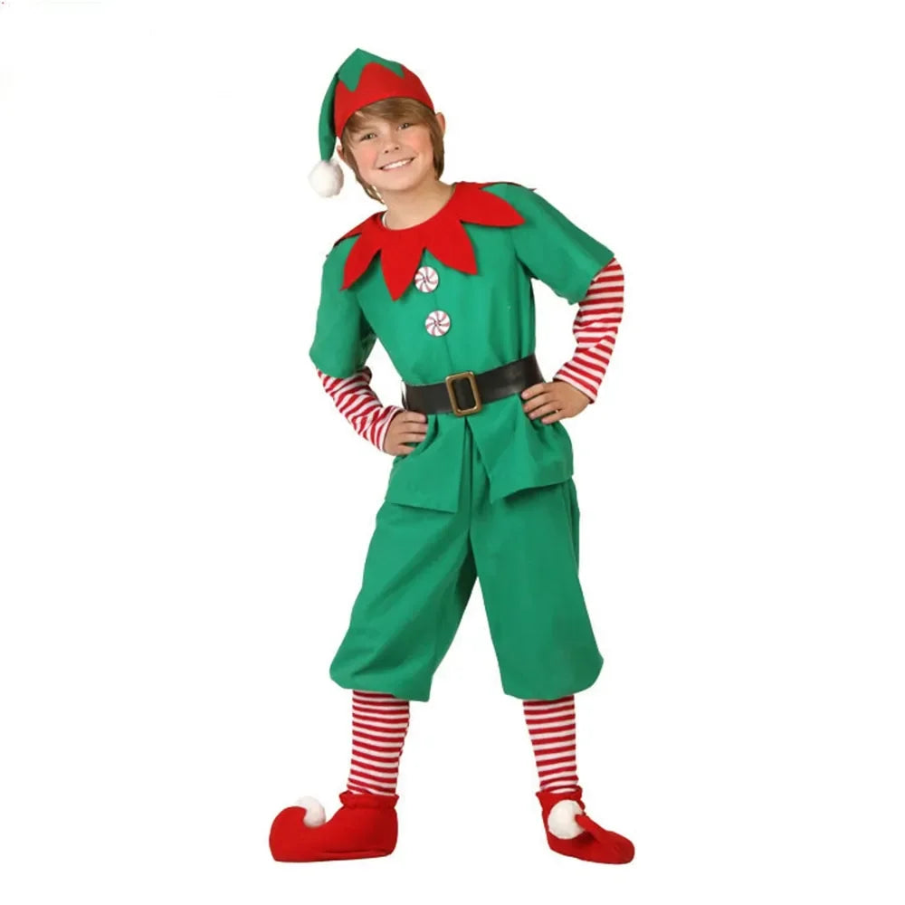 Christmas Santa Claus Costume Green Elf Cosplay Family Carnival Party New Year Fancy Dress Clothes Set For Men Women Girls Boys