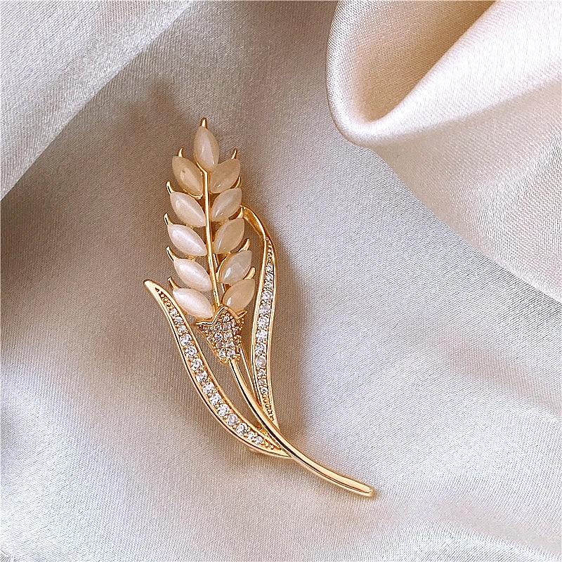 Exquisite Opal Wheat Ear Rhinestone Brooches for Women Crystal Cat’s Eye Stone Pins Suit Clothes Luxury Jewelry Accessories