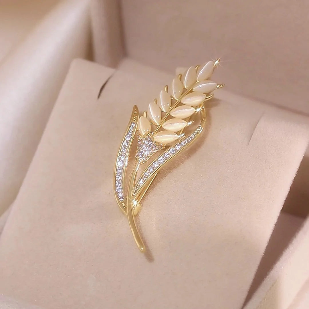Exquisite Opal Wheat Ear Rhinestone Brooches for Women Crystal Cat’s Eye Stone Pins Suit Clothes Luxury Jewelry Accessories