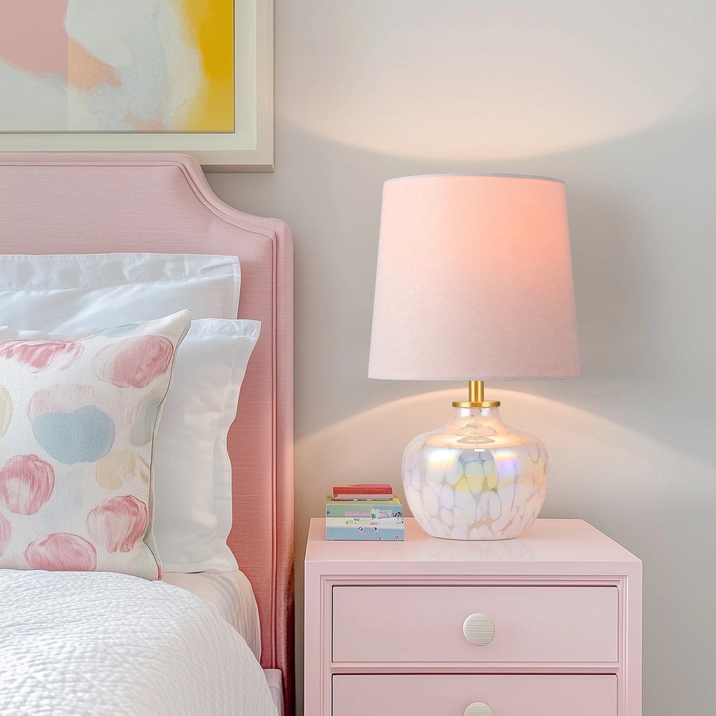 15" Blush Pink Hand-Blown Glass Table Lamp with Velvet Shade, Small Accent Lamp For Girls Bedroom Nightstand, Kitchen Counter
